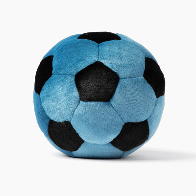 Blue and black plush soccer ball dog toy on a white background