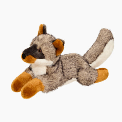 Plush toy resembling a fox with brown, gray, and white colors on a white background