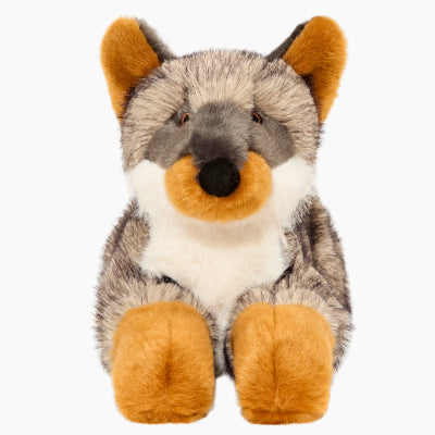 Plush dog toy resembling a fox with gray and orange fur on a white background