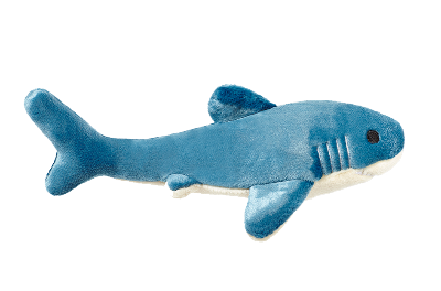 Blue shark plush dog toy on a white background