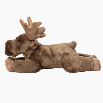 A plush stuffed moose toy in shades of brown, lying down on a plain white background.