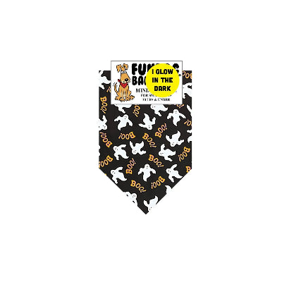 Black bandana with ghost pattern and 'Boo' text, featuring a label for glow-in-the-dark product.
