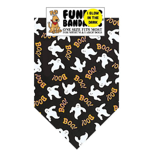 Halloween-themed dog bandana with ghosts and 'BOO!' text on a black background, featuring Funbandz branding.