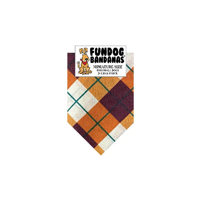 Plaid fall colors dog bandana with 'Fundog Bandanas' packaging on a white background