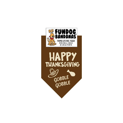 Brown dog bandana with 'Happy Thanksgiving' text and 'Fundog Bandanas' logo on a white background