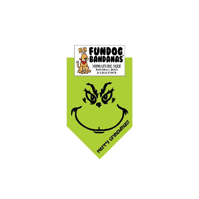 Green bandana with black Grinch face design and 'Merry Grinchmas!' text, branded as Fundog Bandanas.