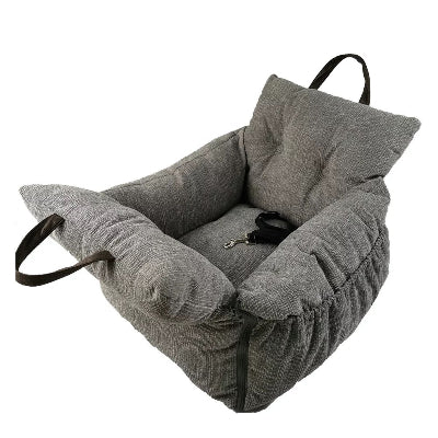 Gray pet car seat with handles on a white background