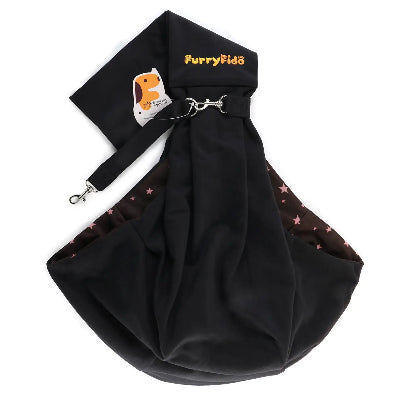 Black pet carrier with 'Furry Fido' branding on a white background