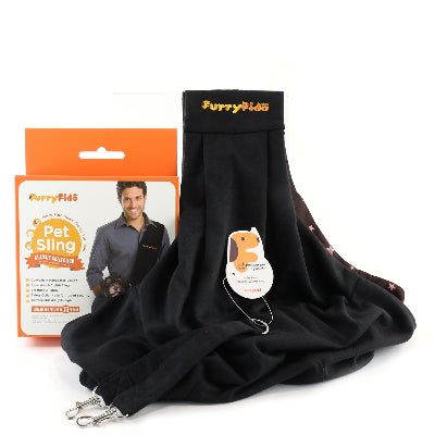 Black Furry Fido pet sling shown with its orange and white retail packaging box on a white background.
