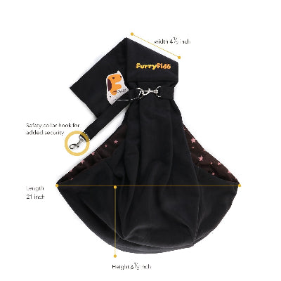 Black pet sling with dimension labels showing width 4 1/2 inch, length 21 inch, and height 6 1/2 inch, featuring a yellow 'Furry Fido' logo on the strap and a safety collar hook detail.