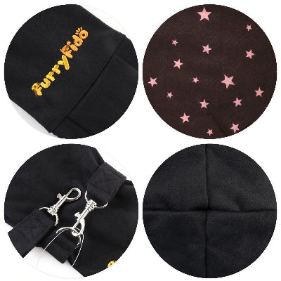 Four circular detail close-ups of a black pet sling and strap product on a white background: a yellow embroidered 'FurryFido' logo with a paw print, a dark brown section with pink stars, silver metal clips, and a plain black fabric panel.