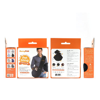 Front, back, and side views of the product packaging for the FurryFido Pet Sling, featuring orange and white cardboard packaging with product details and a model wearing the sling.