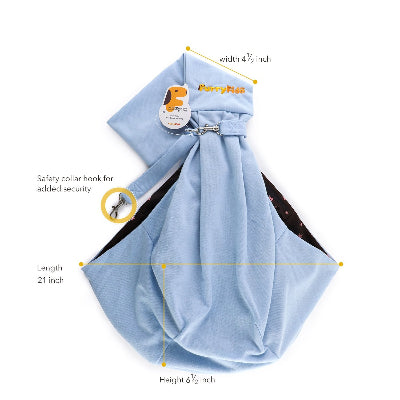 A light blue pet sling with a safety collar hook, shown with dimension annotations indicating a length of 21 inch, height of 6 1/2 inch, and width of 4 1/2 inch on a white background.