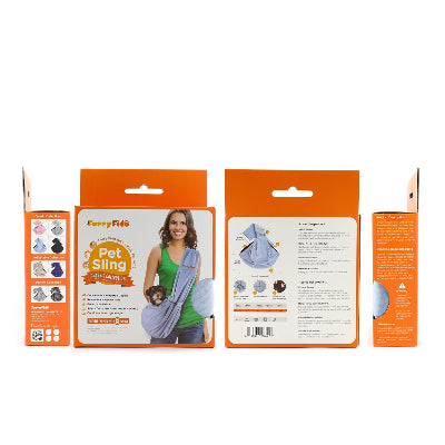 Front, back, and side views of the retail packaging for the FurryFido Pet Sling, showing the orange and white design, product details, and a model wearing the sling.