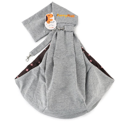 Gray pet sling with pink stars on a white background