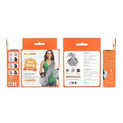 Front, back, and side packaging views of a pet sling carrier by Furry Fido, shown on a plain white background. The packaging is orange and white, featuring a photo of a woman wearing the gray pet sling and product diagrams.