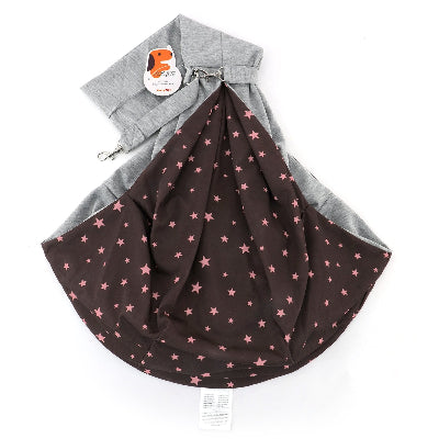 A pet carrier sling with a dark brown fabric body covered in pink stars, paired with a light gray fabric neck cover and collar, shown on a white background with a brand tag attached.
