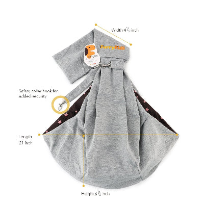 A gray fabric sling laid flat on a white background, with measurement callouts showing width 4 1/2 inch, length 21 inch, and height 6 1/2 inch. The product has a small attached tag and a safety collar hook printed on the front.