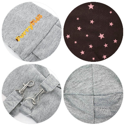 Four circular detail close-ups of a gray fabric pet carrier: one shows yellow embroidered text, one shows a dark brown fabric with pink stars, one shows silver metal clips on gray fabric, and one shows the gray fabric texture and stitching.
