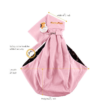 Pink pet sling shown on a white background with measurement callouts indicating width 4 1/2 inch, length 21 inch, and height 6 1/2 inch. The strap is padded with 'PuppyP aws' branding and a safety collar hook detail.