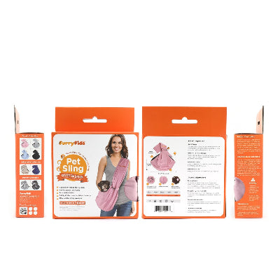 Front, back, and side packaging views of a FurryFido pet sling carrier, shown on a plain white background. The packaging features orange borders and white panels with product details, size options, and a model wearing the pink pet sling.