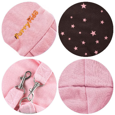 Four circular detail views of a pink pet carrier or bag: embroidered 'Furry Fido' text in orange on the top left, a dark brown panel with pink stars on the top right, silver clasp hardware on the bottom left, and a close-up of the pink fabric on the bottom right.