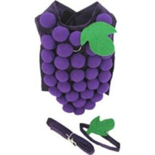 Pet costume shaped like a bunch of grapes with green leaves on a white background