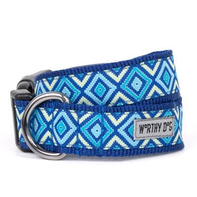Blue dog collar with graphic diamond pattern on white background
