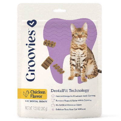 Bag of chicken flavored cat dental treats with shape of purple tooth and striped cat on white background