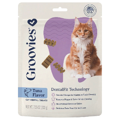 Bag of tuna flavored cat dental treats with shape of purple tooth and orange & white cat on white background