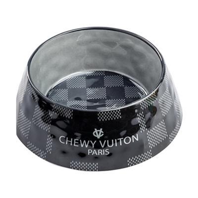 Black and gray pet bowl with 'Chewy Vuitton Paris' branding on a white background
