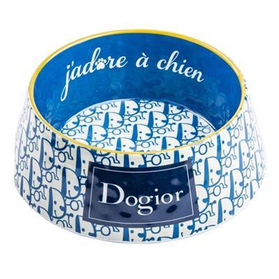 Dog bowl with blue interior and patterned exterior, featuring the brand 'Dogior'.