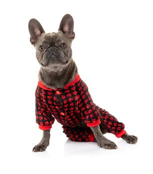 French Bulldog wearing red hearts on black dog pajamas - Fuzzyard Heartbreaker Dog Pajamas