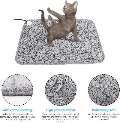 Cat lying on a patterned mat with close-up details of material quality.