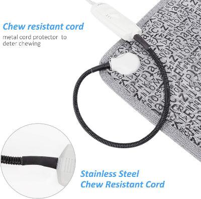 Chew resistant cord with metal protector on a product packaging, featuring text and close-up details.