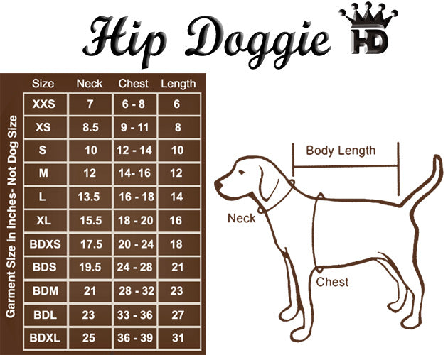 Dog size chart for 'Hip Doggie' with measurements and a diagram of a dog
