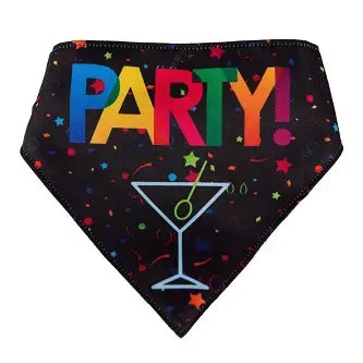 Black dog bandana with blue, yellow, red, green & orange spelling "PARTY" with cocktail glass on white background