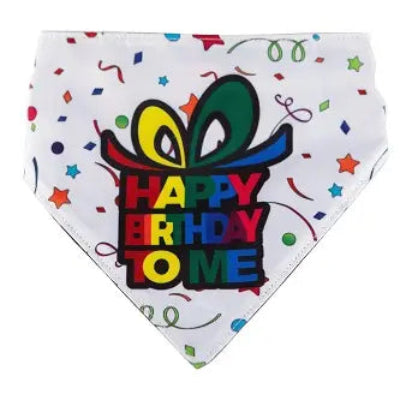 White dog bandana with "Happy Birthday to Me" print on white background