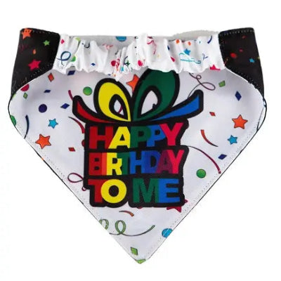 White dog bandana with scrunchy neck and "Happy Birthday to Me" print on white background