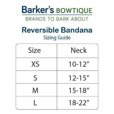 Barker's Bowtique Reversible Dog Bandana Size Chart on white background