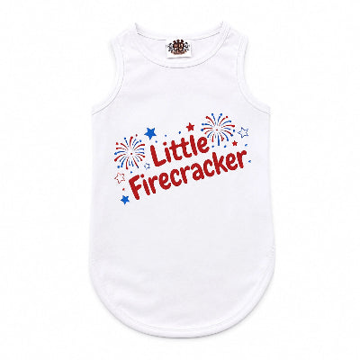 White tank top with 'Little Firecracker' text and fireworks design on a white background
