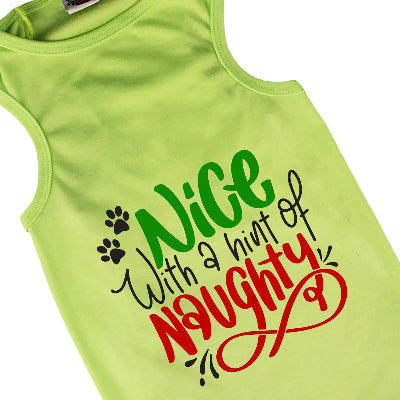 Green tank top with text 'Nice with a hint of naughty' on a white background