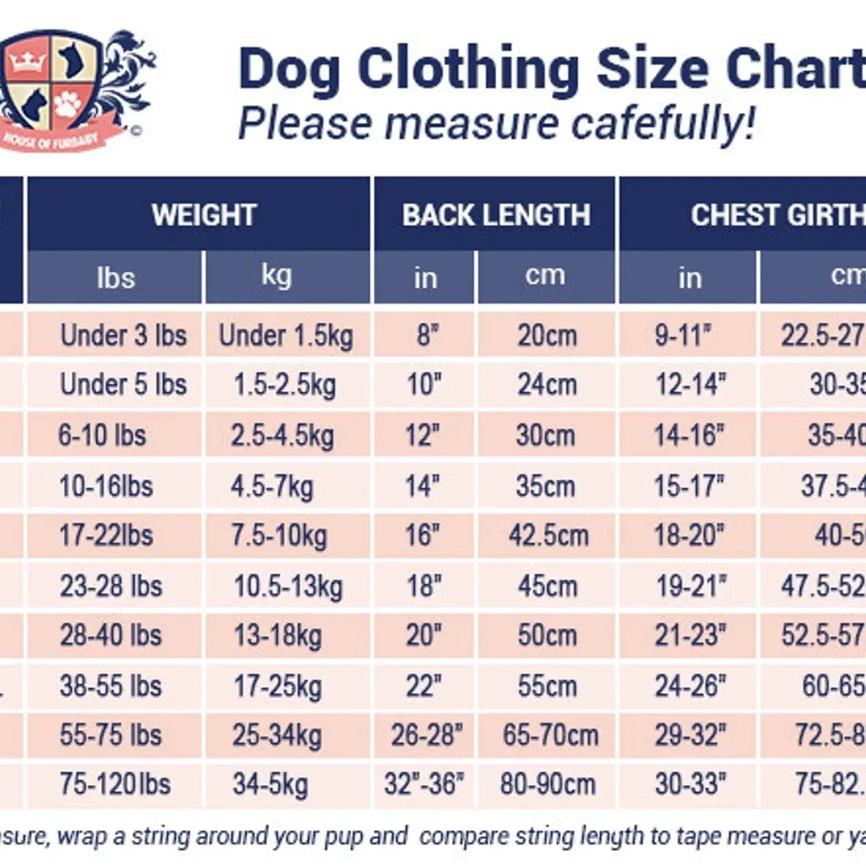 Dog clothing size chart with measurements for weight, back length, and chest girth.