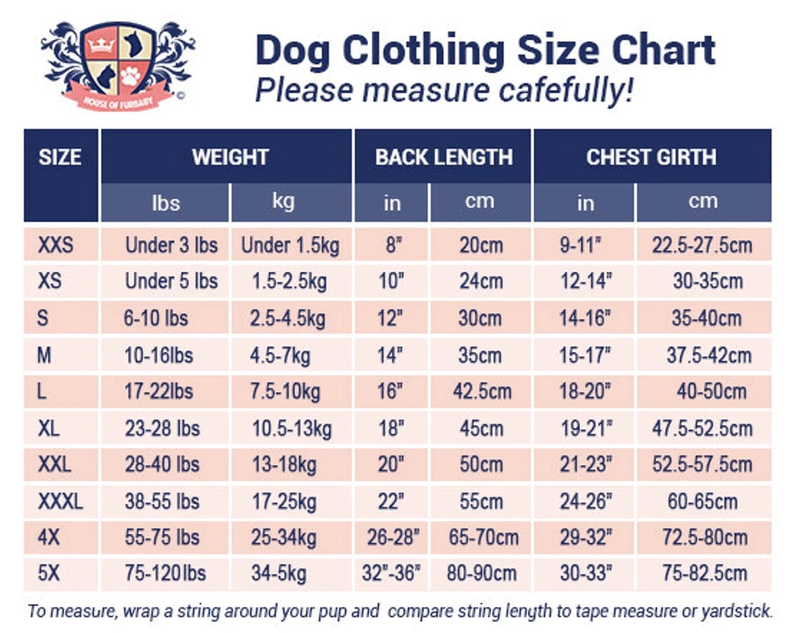 Dog clothing size chart with measurements for various sizes.