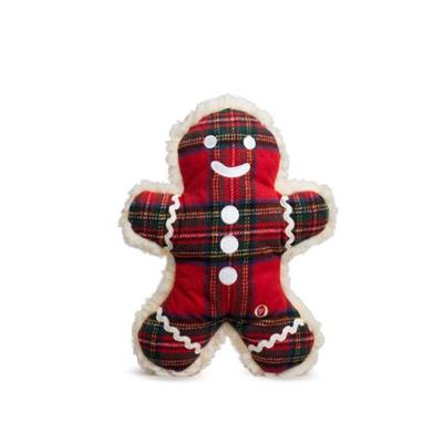 Gingerbread man plush dog toy with plaid pattern on a white background