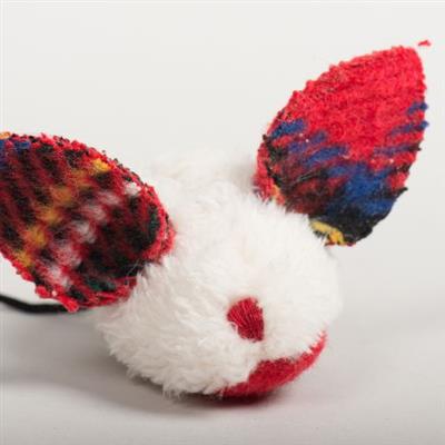 Close-up of a plush cat  mouse toy with red, blue, and white plaid pattern on a white background