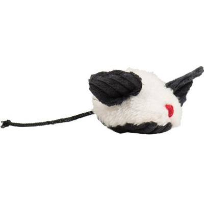 Plush toy resembling a mouse with a black and white body on a white background