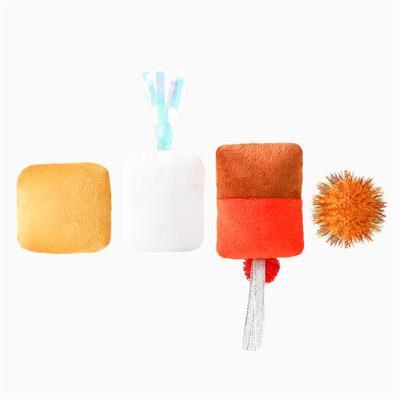 Set of colorful cat toys including a ball, cube, and other shapes on a white background