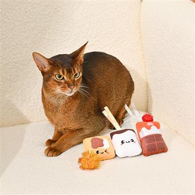 Brown cat with colorful cat toys on a white surface