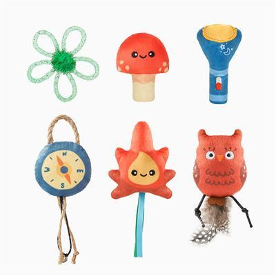 Set of colorful cat toys including a flower, mushroom, flashlight, clock, leaf, and owl on a white background.